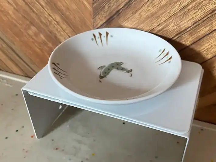 ブックエンドで作った台に猫の食器を置いた様子（撮影：grapeライフハック編集部）