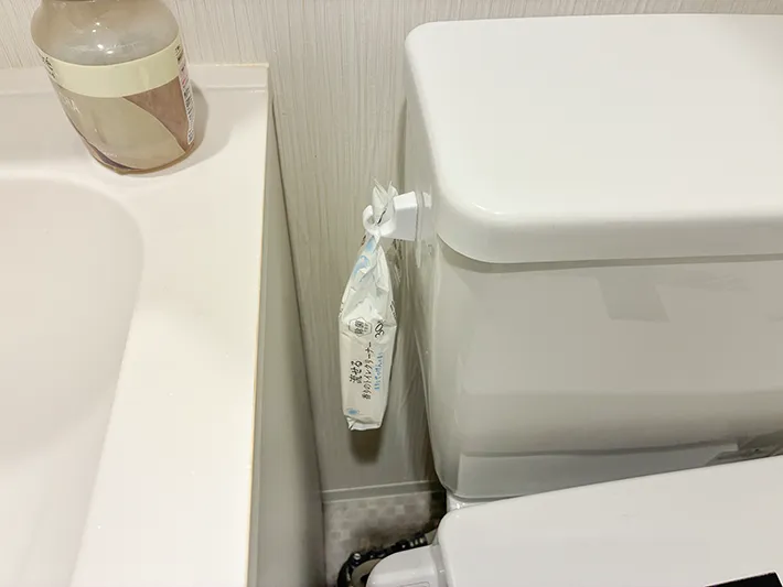 フックに引っ掛けた流せる掃除クリーナー（撮影：grapeライフハック編集部）