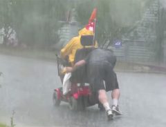 あなたにはできますか？嵐の中、電動車いすを押し続ける男性