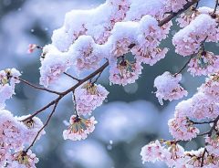 桜に降り積もる雪の映像　美しさに心がやわらいでいく