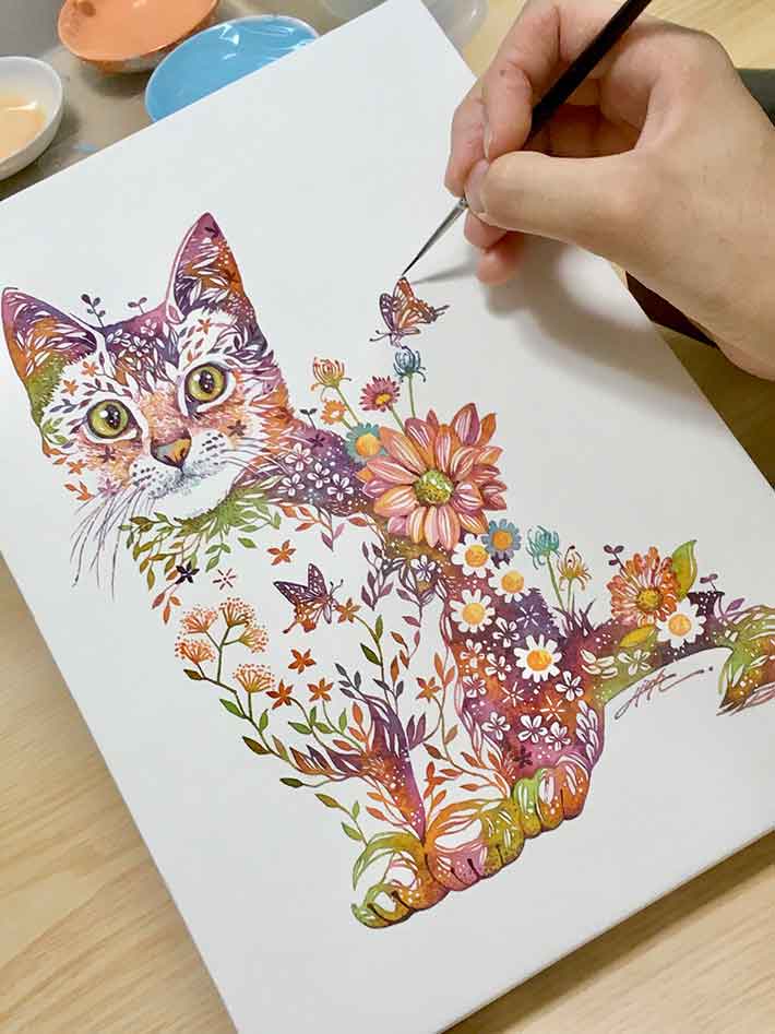 こんな絵は見たことない 繊細な筆遣いから生まれたユニークな猫の水彩画 Grape グレイプ