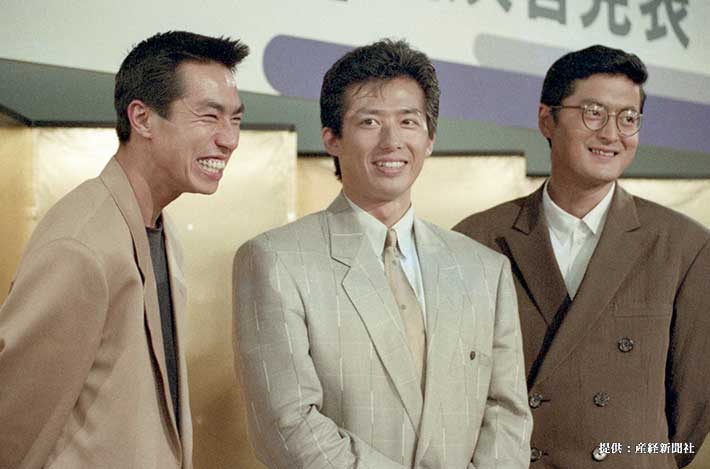 左から柳葉敏郎、真田広之、陣内孝則 1990年